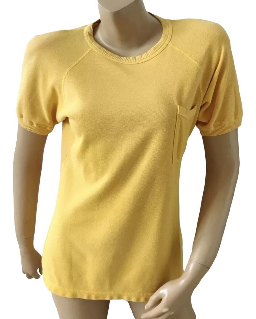 Vintage Liz Claiborne Liz Wear Sweater Women Petite Yellow Knit Top Short Sleeve